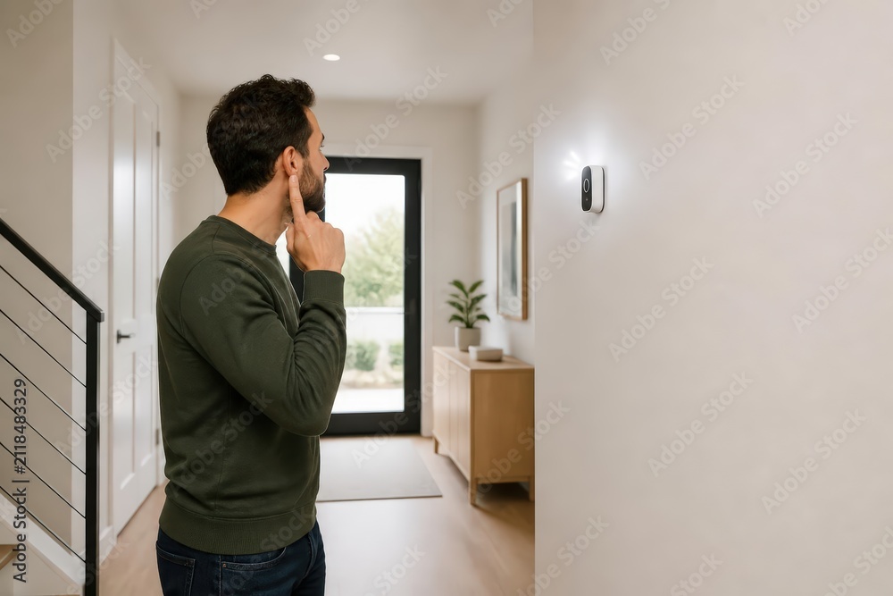 Fototapeta premium Man checking wall mounted doorbell in home entryway