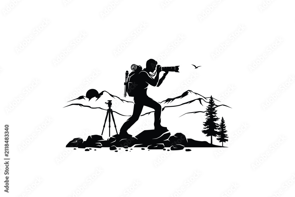 Fototapeta premium Photographer Silhouette With Mountain Landscape And Tripod On White Background