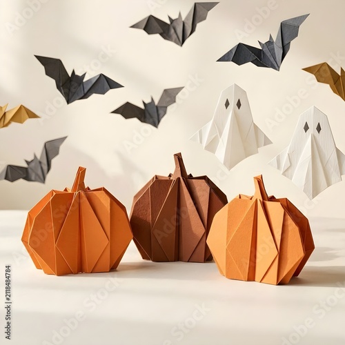 Modern minimalist origami halloween composition with paper pumpkins, flying origami bats and white paper ghosts on light clean background
