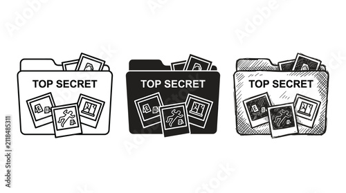Top Secret manila folder with crime photos icons: outline, solid, and sketchy styles for investigation and classified documents