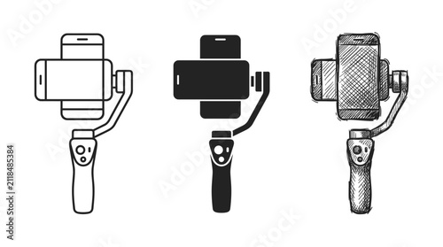 Obraz na płótnie Smartphone mounted on a gimbal stabilizer in outline, silhouette, and hand-drawn