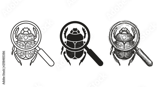 Magnifying glass inspecting scarab beetle icons: outline, solid, and sketchy styles for entomology, archaeology, and exploration