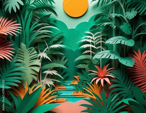 Paper cut art style landscape of multilayered lush tropical jungle with hidden glowing lights
