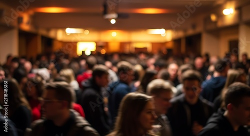 Crowd of Young People Attending Conference in Warmly Lit Auditorium