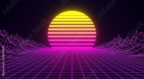 Retro Futuristic Neon Sunset Landscape with Grid Terrain and Mountain Ranges