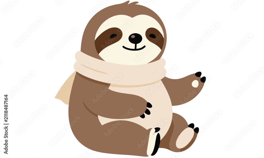 Obraz premium Adorable baby cartoon sloth wearing a cozy cream colored winter scarf while sitting on a clean white background.