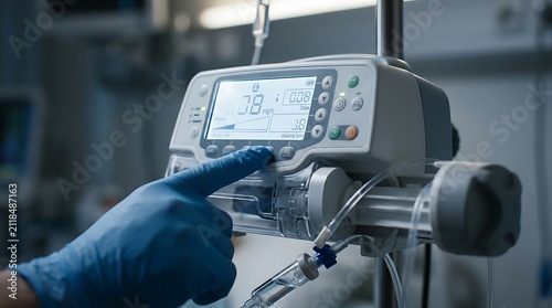 Close up of a gloved hand adjusting a medical infusion pump