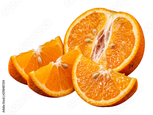 Photography Close-up photograph of a vibrant, juicy orange, cut in half with several sweet segments