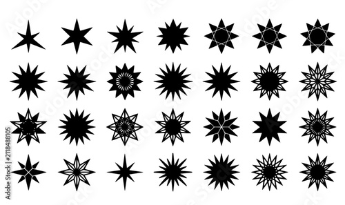 Asymmetrical starburst flare vector set with modern black multi point sparkle icons for cosmic designs