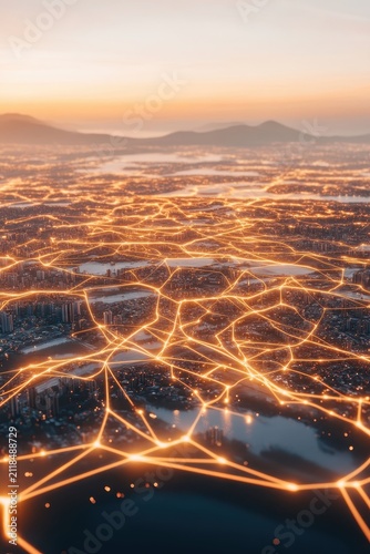 Digital network glowing over an expansive future city landscape. Bright orange lines connect urban structures, illustrating global information flow and metaverse connectivity at sunrise.