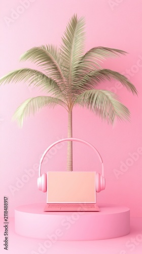 Pink notebook and audio headset sit on a bright pedestal. Tropical palm against a pink wall. Digital leisure serene virtual reality metaverse.