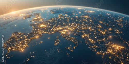 Simulated global sphere glows with countless brilliant light points. Vast interconnected network spreads across dark continents. Digital world future concept view.