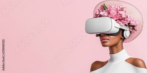 Woman wearing virtual reality headset and large floral hat on pink background experiencing metaverse.