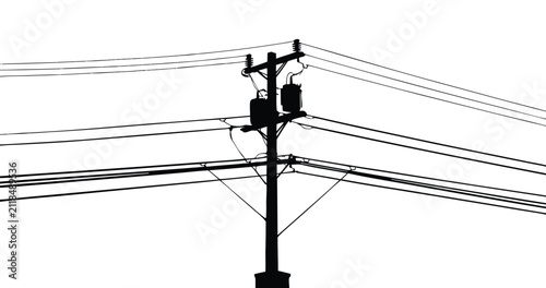 Silhouette of an electrical utility pole against a bright white sky