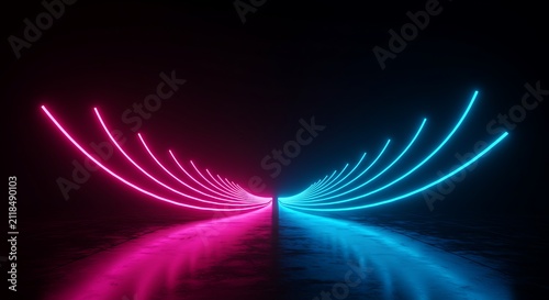 Vivid Neon Light Arcs in Dark Tunnel with Reflective Surface