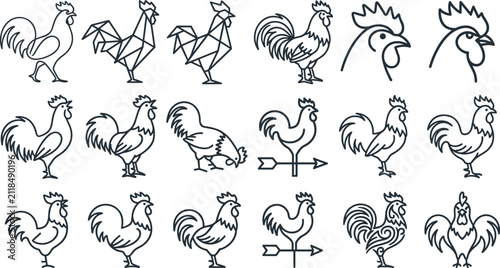 Картината върху платно Rooster Line Art Icon Collection Featuring Minimal Chicken Outlines, Geometric P