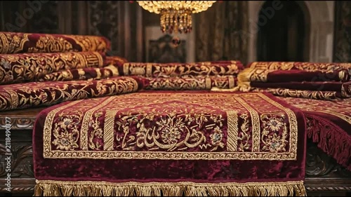 Ornate Persian rugs and cushions on traditional wooden sofa.