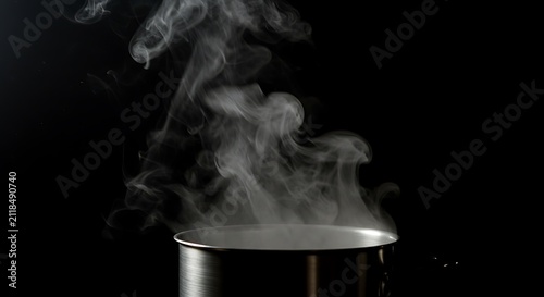 Boiling Pot with Steam Rising in Dark Background