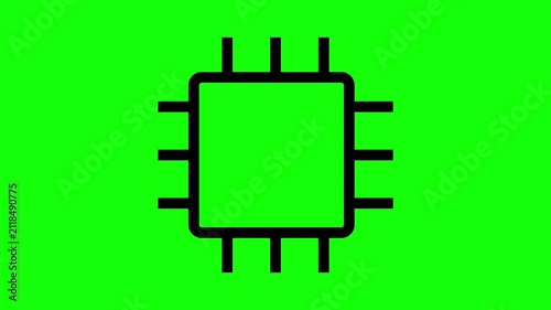 Animated Microchip Icon, CPU Microprocessor Concept, Black Outline on Green Screen Background