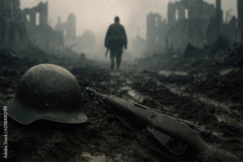 Muddy warzone with dented steel helmet and weathered rifle blurred lone soldier walking through fog destroyed buildings background dramatic post