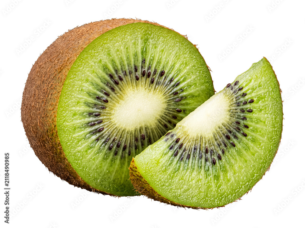 Obraz premium Whole kiwi fruit with a wide, vibrant slice removed, showcasing its juicy green flesh, white core.