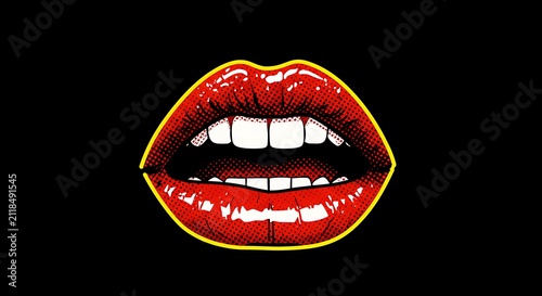 Pop Art Style Red Lips Mouth with White Teeth on Black Background