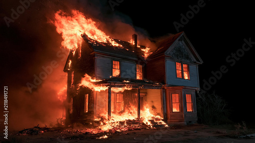 House Ablaze: An old, abandoned house is engulfed in raging flames, silhouetted against the dark night sky. Fire consumes the structure, showcasing a dramatic and destructive scene.