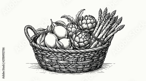 Fotografie Vintage woodcut vegetable basket vector, hand drawn artichokes and asparagus in