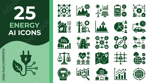 Energy efficiency icons showcase sustainable power management and intelligent grid analytics.