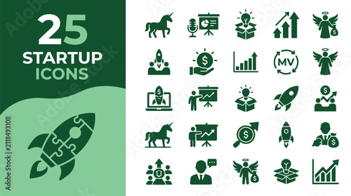 Startup icons display a collection of business symbols including rocket ships and growth charts.