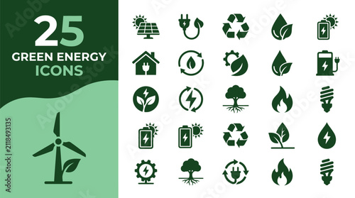 Energy icons feature sustainable power sources for environmental conservation and green.