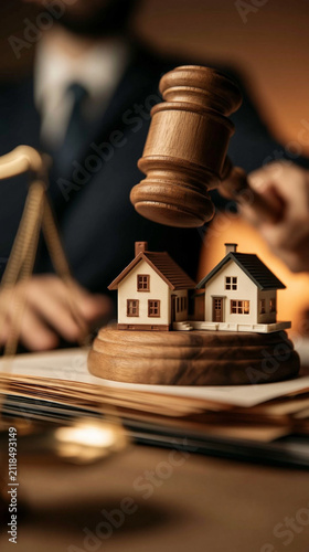 Judicial Decree: A gavel descends upon two miniature houses, symbolizing a significant legal decision in property law, with a judge or lawyer presiding in the background.