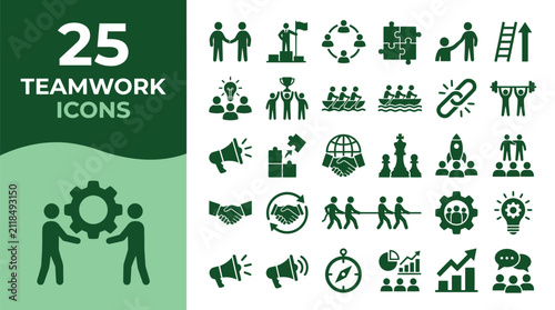 Business icons show people working together to achieve company goals through unity and strength.