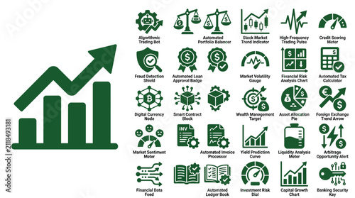 Finance icons set highlights growth charts and analytical tools for modern market investment.