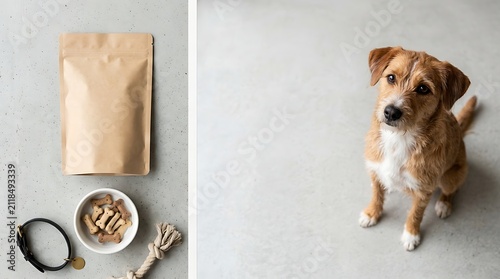 Small brown dog sitting next to blank pet food pouch and treats