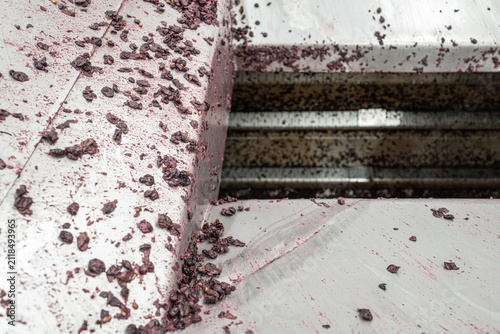 Photography Grape pomace on stainless steel wine press after decuvage