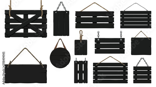 Fotografía Rustic black wooden hanging signs set, 12 isolated dark wood planks with ropes a