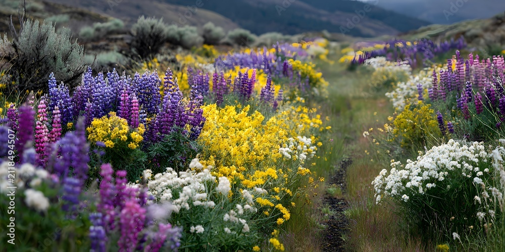 Fototapeta premium Colorful wildflowers bloom along a dirt path through a natural meadow landscape.