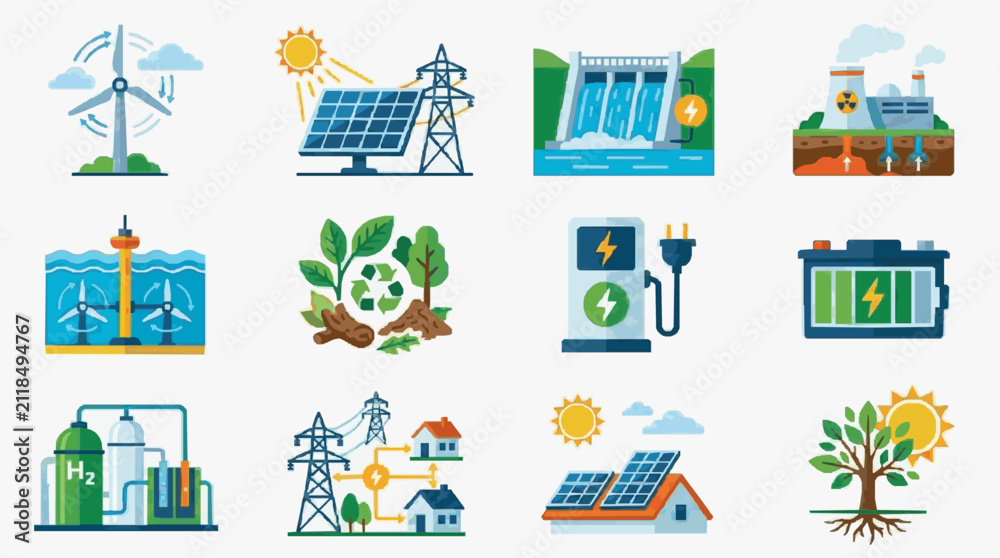 Fototapeta premium Dynamic Infographic Showcasing Diverse Renewable Energy Sources and Sustainable Technologies in Bright Colorful Illustrations