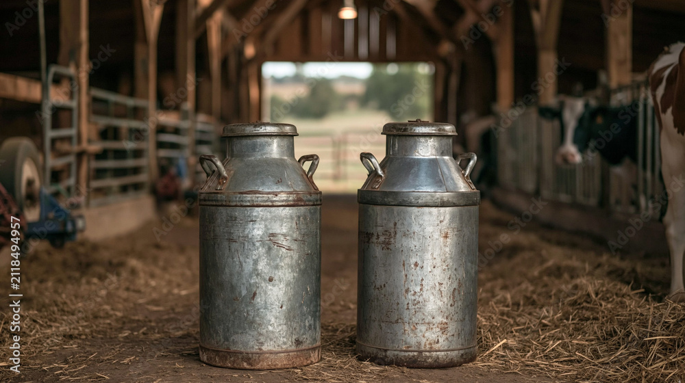 Obraz premium Rustic Dairy Canisters in Barn: Two vintage metal milk cans stand side-by-side on a bed of straw inside a rustic barn, with cows visible in the background.