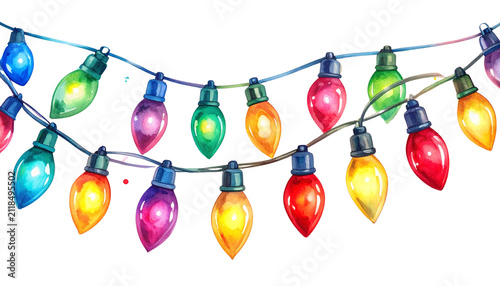 Christmas colourful string lights isolated on transparent background, PNG