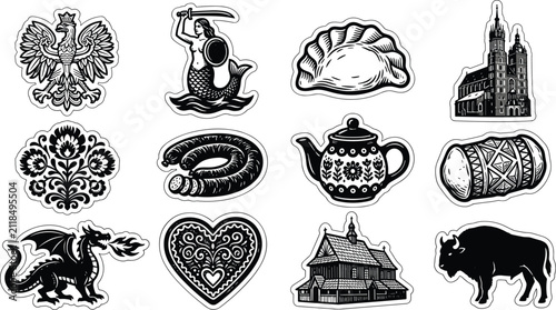 Poland Travel and Culture Sticker Set with Polish Eagle Warsaw Mermaid Pierogi Kielbasa Bison and Traditional Architecture Retro Woodcut Graphics