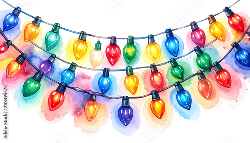 Christmas colourful string lights isolated on transparent background.