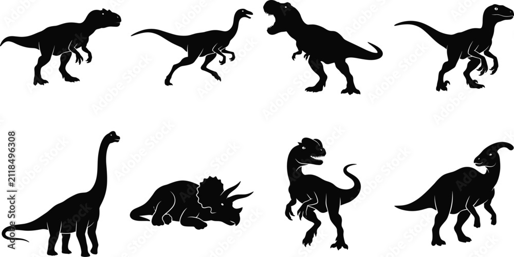 Obraz premium Collection of detailed black prehistoric dinosaur silhouettes including tyrannosaurus and triceratops for educational graphic design projects