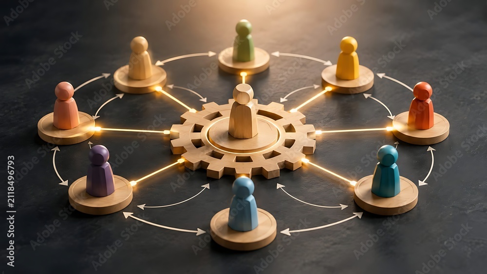 Obraz premium Wooden peg dolls connected to central figure on gear representing teamwork and business network