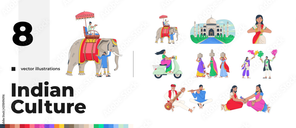 Obraz premium Indian culture and traditional lifestyle 2D vector illustration pack. Holi festival. Village life. South Asian folk flat characters isolated on white background. Colorful cartoon image collection