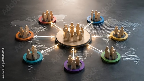 Wooden peg dolls connected on world map representing global business network and communication