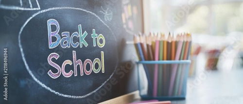 Back to school message on a chalkboard with colorful pencils nearby in a classroom setting