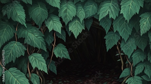 Green leaves cover an entrance to a dark space in a forest during daylight hours