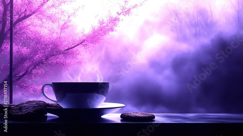 Cup of hot drink and cookies with pink flowers in the background during early morning hours
